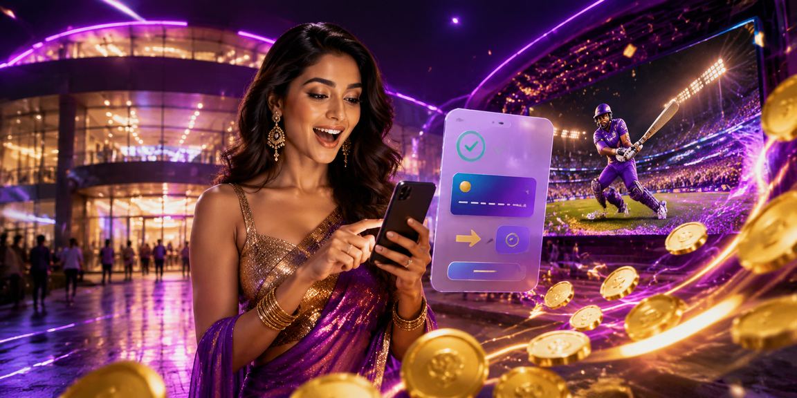 User enjoying cricket betting app in bright neon city lights of Delhi